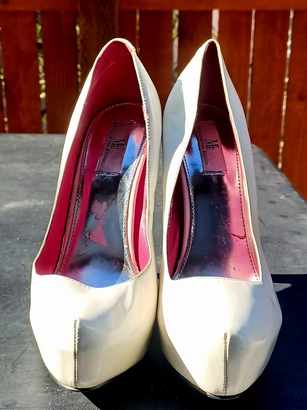 Vince Camuto White Patent Platform Pumps with Leopard Print Bottoms/ Pink Lining